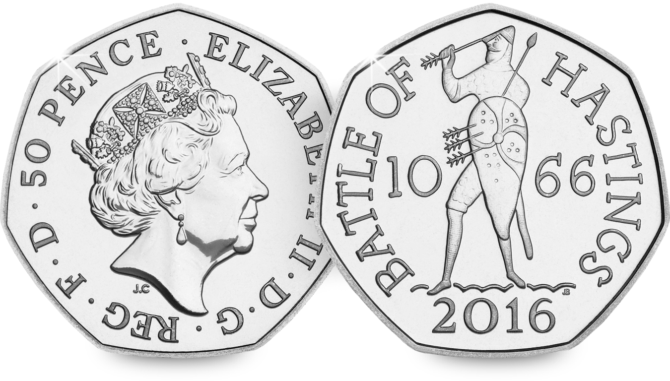 The new Battle of Hastings 50p features King Harold with an arrow in his eye - taken from the Bayeux tapestry
