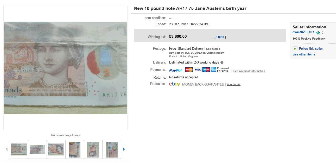 c2a310 note ebay - A new Polymer Jane Austen £10 note has sold for £3,600!