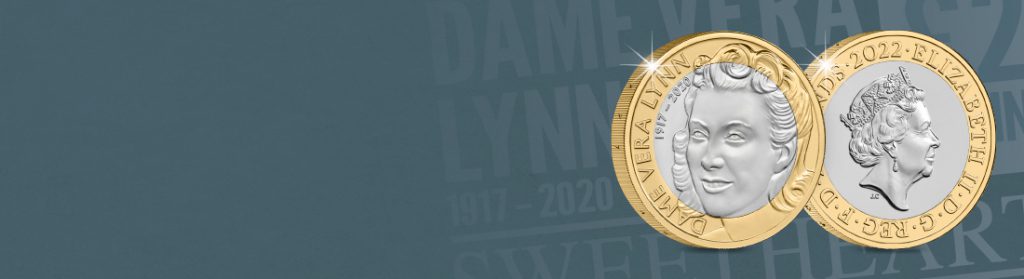 Wartime singer Dame Vera Lynn commemorated on UK £2 coin. 
A portrait of Dame Vera Lynn features on the reverse and the years of her life and her name appear as an inscription.
To the right of the reverse, the obverse of the coin shows, featuring the fifth portrait of Her Majesty by Jody Clark and the year 2022.
Both reverse and obverse set against a newspaper style background which print the words, 'Dame Vera Lynn'.