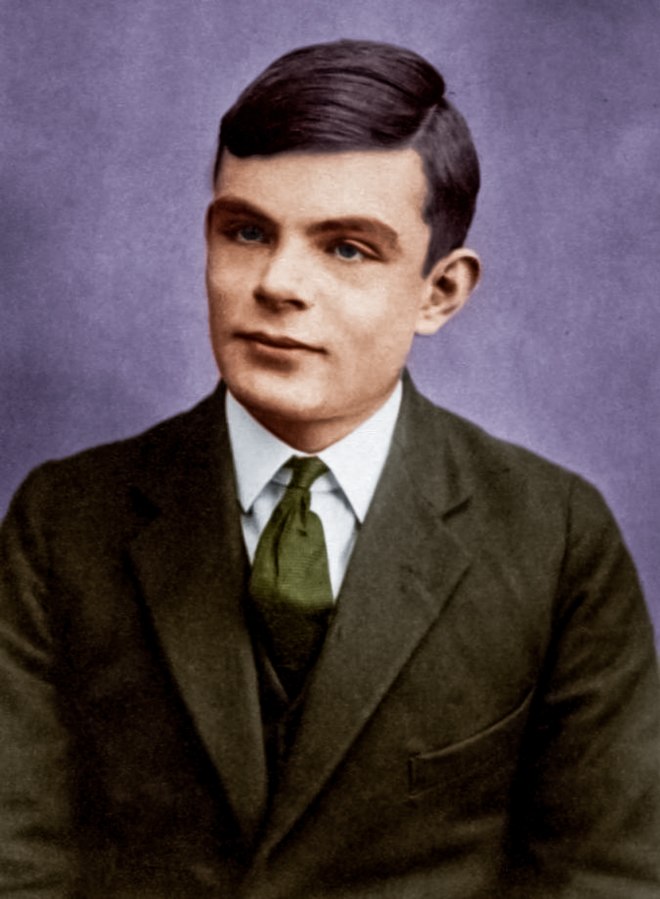 Colour portrait photograph of Alan Turing, war-time hero.
Credit: Wikimedia Commons.