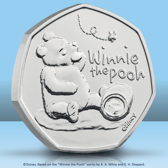 2020 Winnie the Pooh 50p. Shows Winnie the Pooh sat down, with an overturned pot of honey and a bumble bee.
Inscription reads: 'Winnie the Pooh', with Disney copyright in bottom left.
