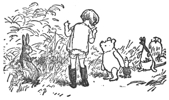 Illustration by Ernest Howard Shepard from Winnie-the-Pooh (1926), by A A Milne.
Showing Rabbit, Christopher Robin, Winnie the Pooh, Kanga and Roo, Piglet, and Owl all walking in a line in tall grass.