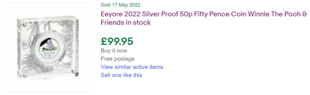 2022 Eeyore Silver Proof 50p sold listing on eBay - showing £99.95 sold price.