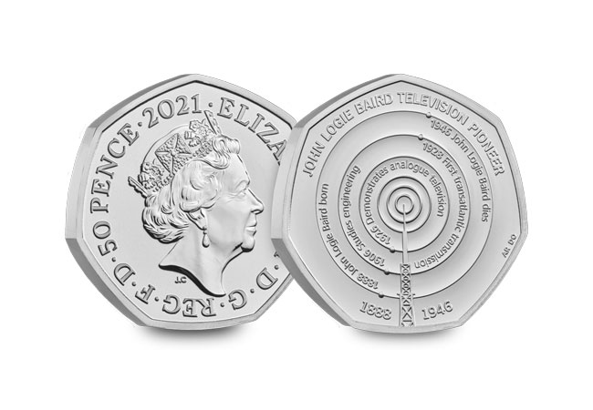 2021 John Logie Baird 50p. Showing a television mast and concentric circles depicting electronic waves. With the inscription: 'John Logie Baird Television Pioneer - 1888 1946'.
Queen Elizabeth II's portrait features on the obverse.