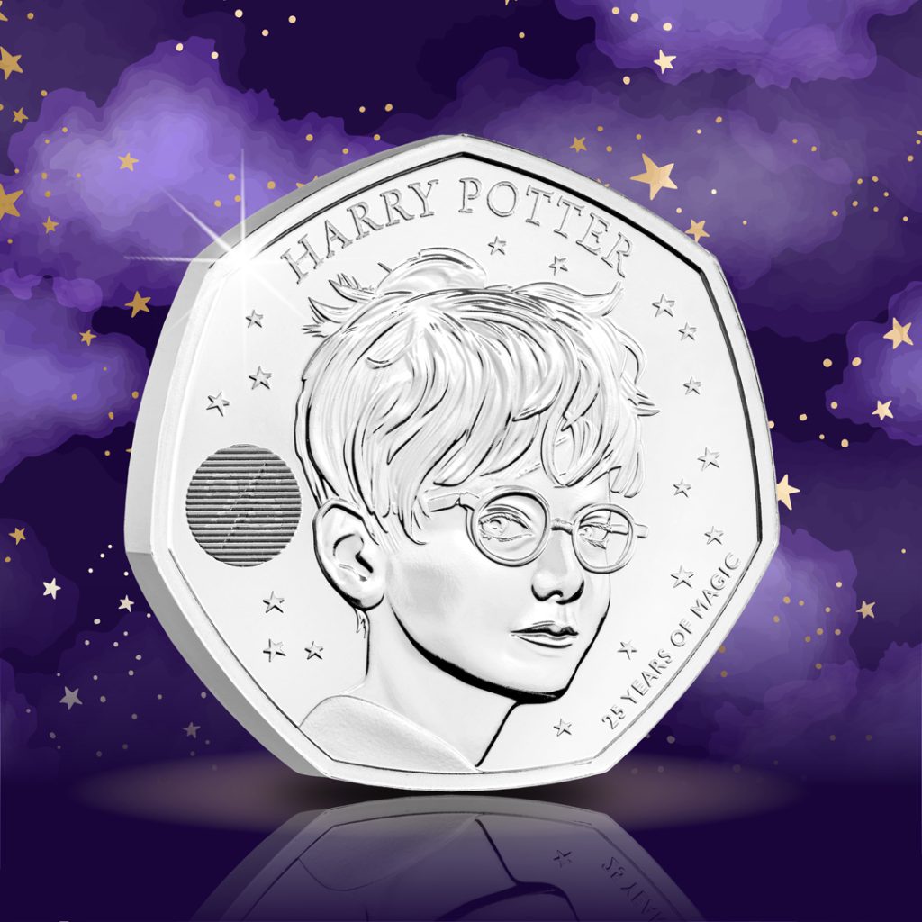 UK Harry Potter 50p coin reverse.
Showing Harry Potter's side profile, lenticular feature that shows '25' and a lightning bolt. 
Inscription reads: 'Harry Potter' and '25 Years of Magic'
Set against a misty dark purple background with gold stars around.