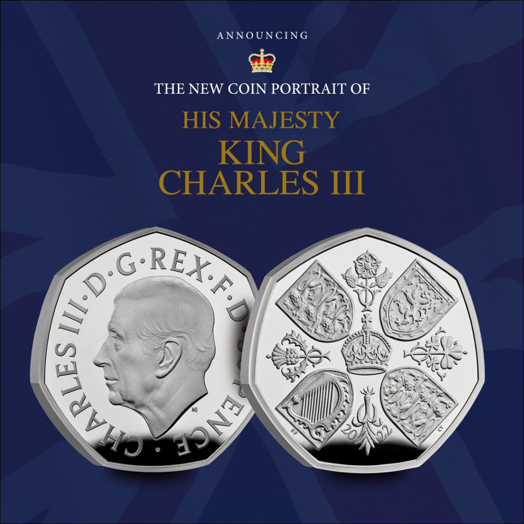 King Charles III 50p obverse/reverse. With text: 'Announcing The New Coin Portrait of His Majesty King Charles III'