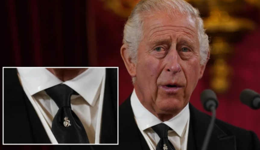 King Charles addresses nation at the official Proclamation. Seen wearing a pin that could be his royal cypher.