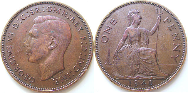 1940 Penny featuring King George VI portrait on the obverse and Britannia on the reverse.
Credit: Wikimedia Commons