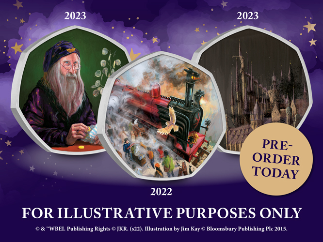 2022 UK Harry Potter 50p coin illustrations. Featuring Dumbledore, Hogwarts Castle, and the Hogwarts Express.