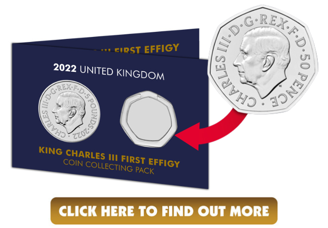 Your King Charles III Collecting Pack. Featuring the QEII £5 and a space for your circulation 50p.