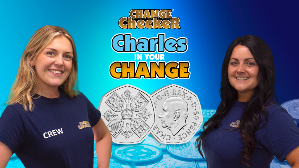 The Charles in your Change campaign image.
Showing Alex to the left, 'Change Checker' and 'Charles in your Change' logos in the centre, above the KCIII 50p obverse/reverse. Rachel is pictured to the far right.