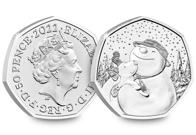 2022 UK The Snowman™ and The Snowdog 50p obverse/reverse. Reverse to the right shows the Snowman and the Snowdog embracing with snowfall behind.
The obverse features Queen Elizabeth II's portrait.