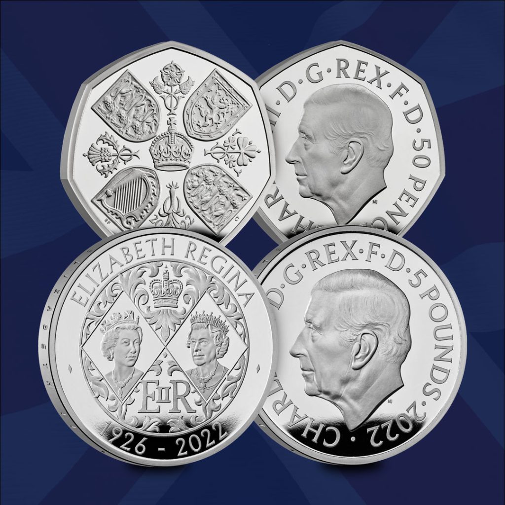 2022 UK Queen Elizabeth Memorial 50p and £5, featuring first effigy of King Charles III on the obverse.