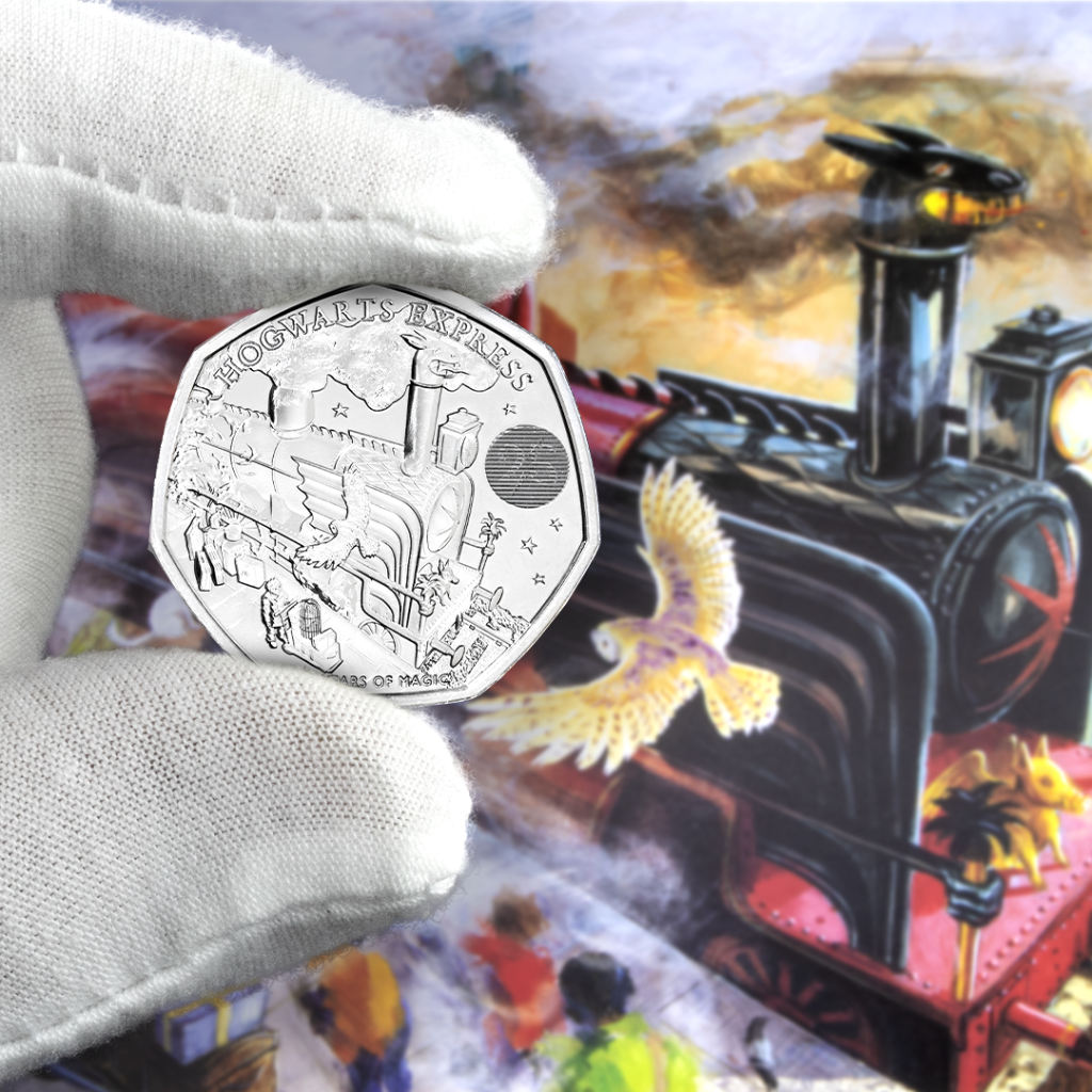 The 2022 UK Hogwarts Express 50p.
Held in white gloved hand, showing the Hogwarts Express from Jim Kay's 2015 illustrated edition of Harry Potter and the Philosopher's Stone book.