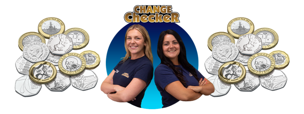 An image of Alex and Rachel smiling with the Change Checker logo above them and UK coins either side of them