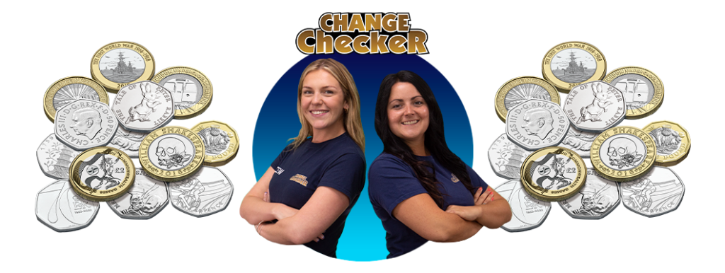 Join the Change Checker mailing list An image of Alex and Rachel smiling with the Change Checker logo above them and UK coins either side of them