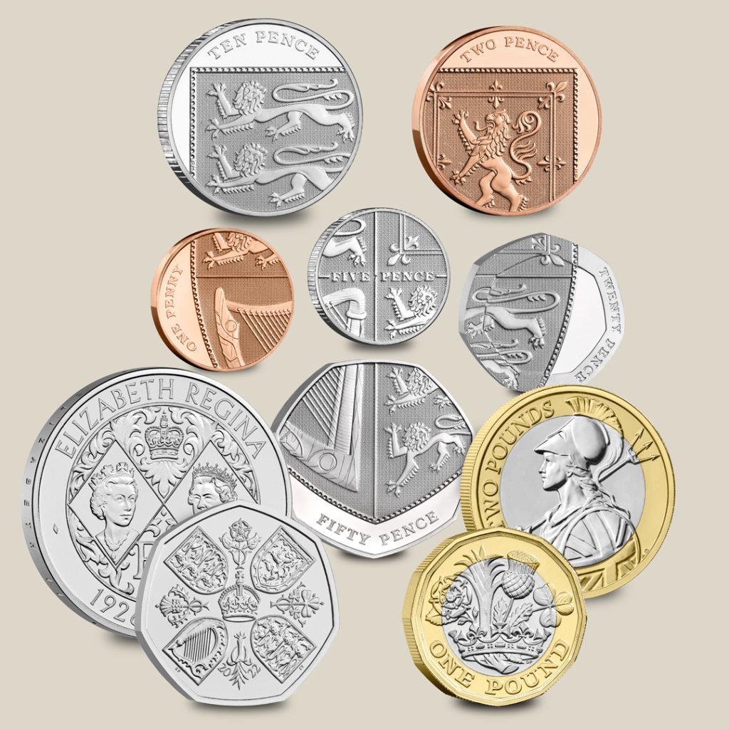 2022 UK Queen Elizabeth II MEmorial Definitive Coin Set - with special privy mark.
Featuring the 1p, 2p, 5p, 10p, 20p, and 50p royal shield designs
the commemorative.
Privy Mark on Last Queen Coins