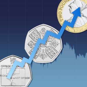 eBay Tracker graphic showing a upwards arrow across three UK coins
