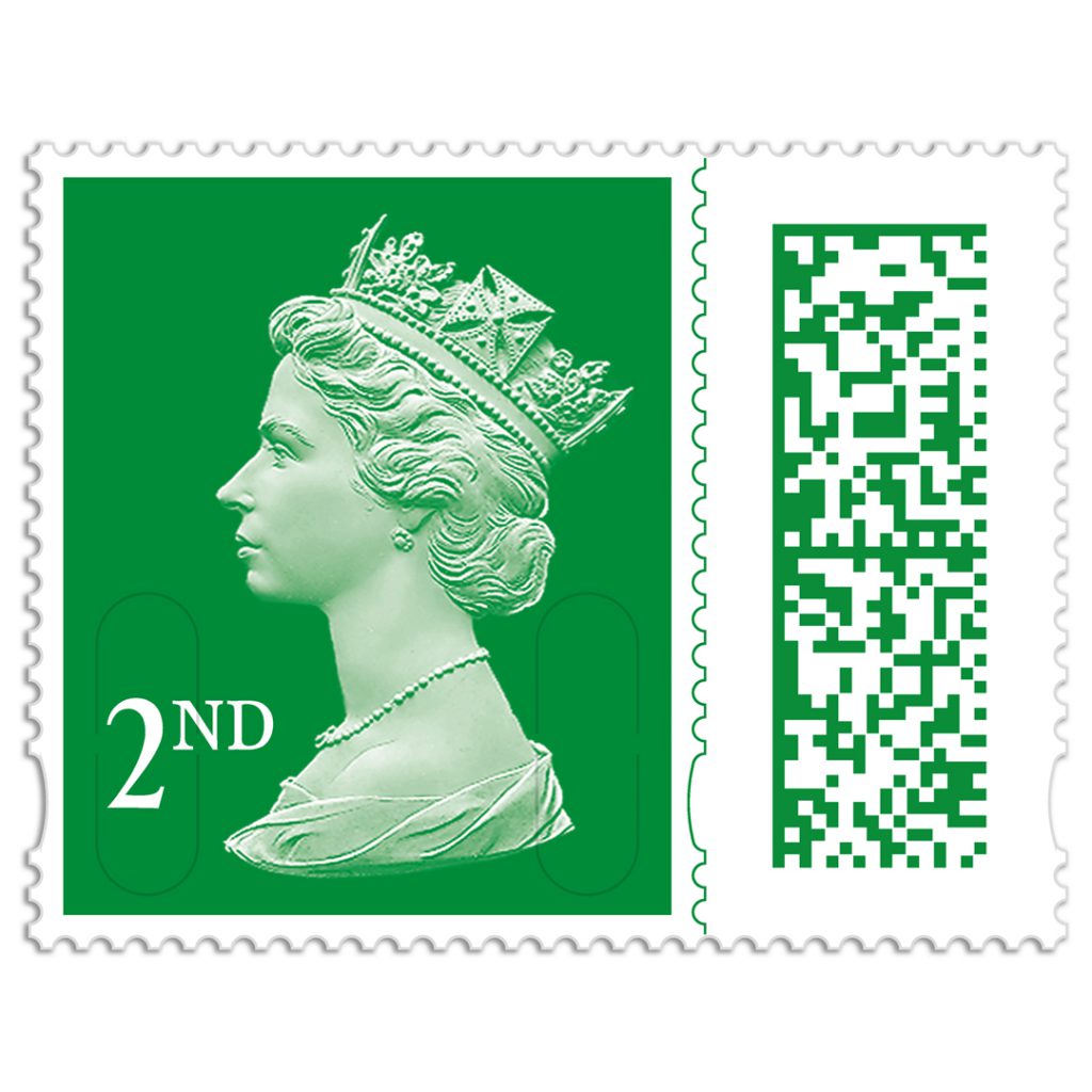 First King Charles Stamps will also featuring the barcode design as seen on the Queen Elizabeth II stamp.
Image shows QEII 2nd class stamp.