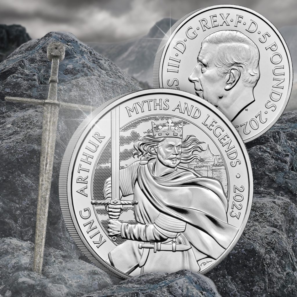Myths and Legends £5 series kick-starts with King Arthur £5. Reverse shows the legendary King and his famous Excalibur sword in hand.
The obverse behind shows King Charles III.
Background image shows stones and a sword.