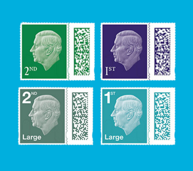 First King Charles Stamps.
Photo depicts First Class and Second Class, and First Class and Second Class large stamps.