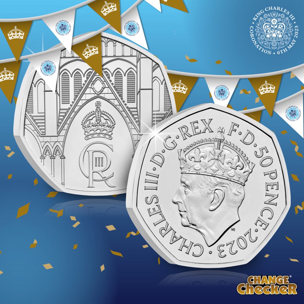 UK's FIRST Coronation 50p - showing a reverse design of Westminster Abbey and His Majesty's Royal Cypher. The obverse design features a never-before-seen portrait of His Majesty crowned. 