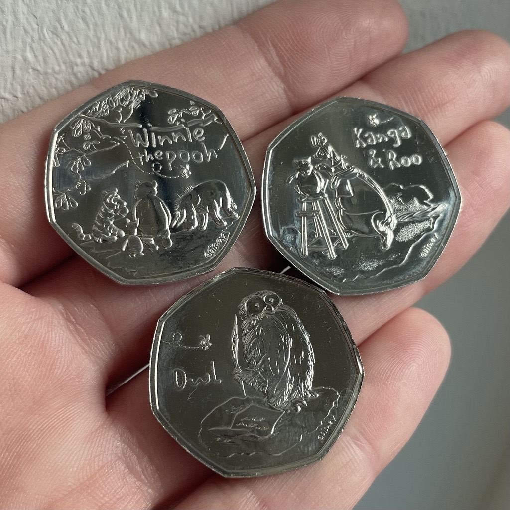 2022 Winnie the Pooh and Friends 50p, 2022 Kanga & Roo 50p and 2021 Owl 50p