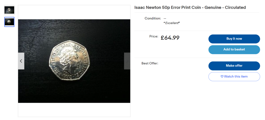 eBay listing for the 2017 Sir Isaac Newton 50p error coin