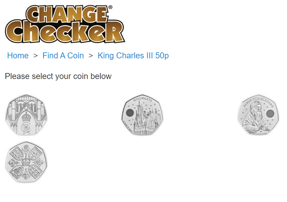 Screenshot of King Charles coins on the Change Checker Web App