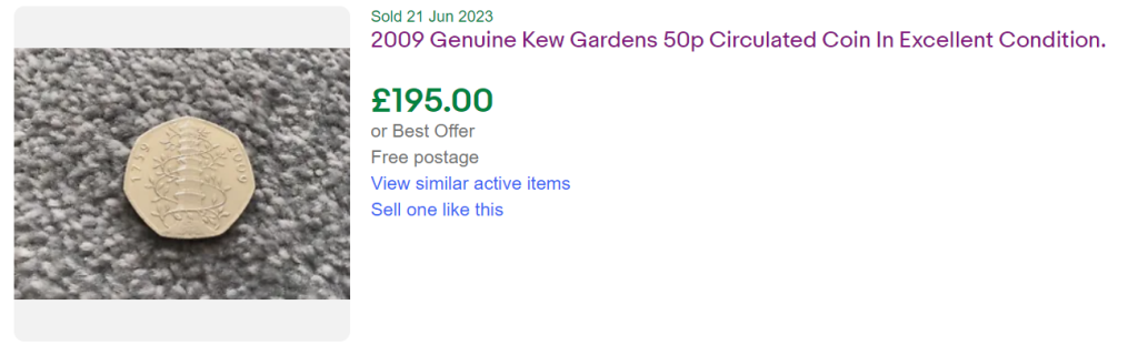 Kew Gardens 50p sold eBay listing for £195
